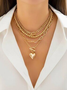 Layered Gold Necklace Set for Women Non Tarnish Chunky Paperclip Heart Pendant